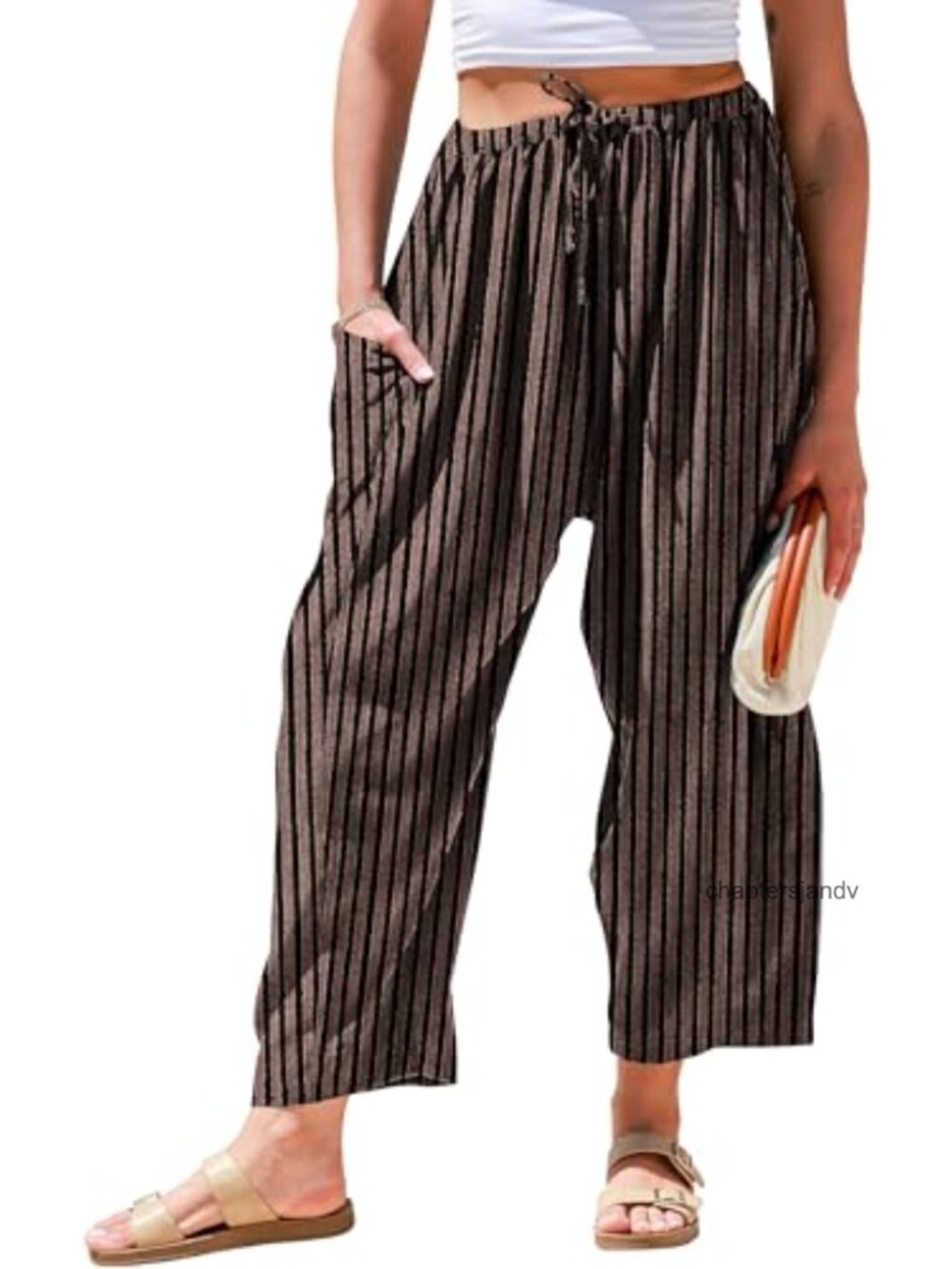 Wide Leg Striped Linen Pants with Pockets